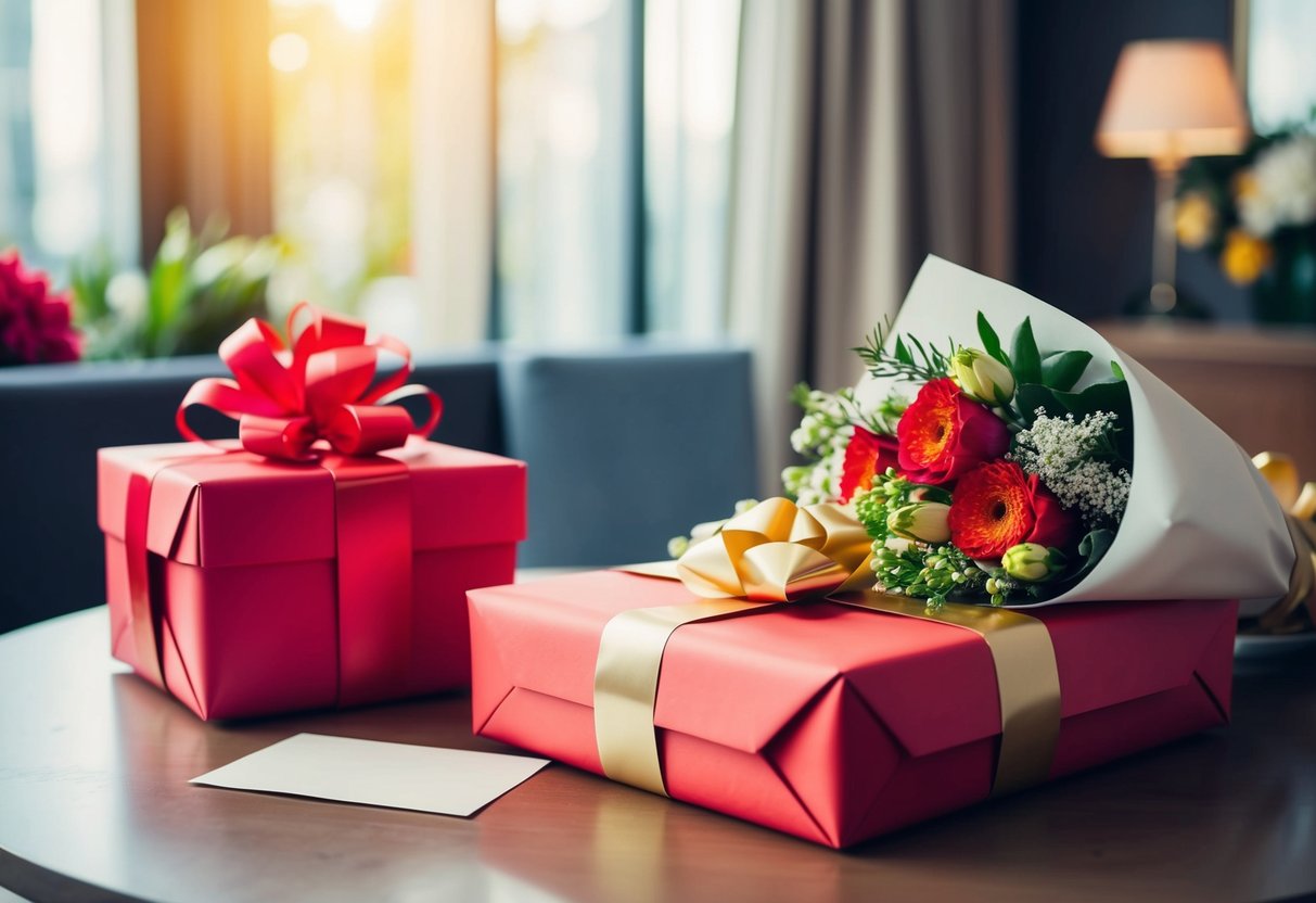 A beautifully wrapped gift sits on a table next to a card and a bouquet of flowers, ready to be presented to a host