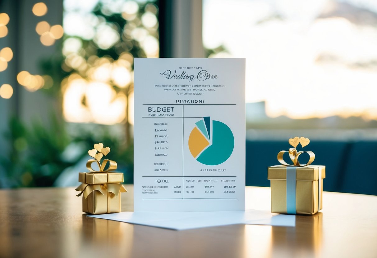 A wedding invitation with a budget breakdown chart and a plus-one contemplating whether to bring a gift