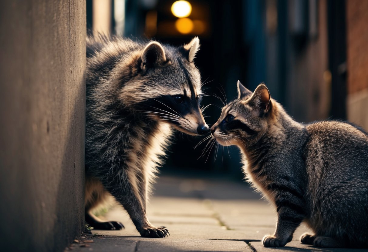 A raccoon and a cat face off, their fur bristling as they size each other up in a dimly lit alleyway