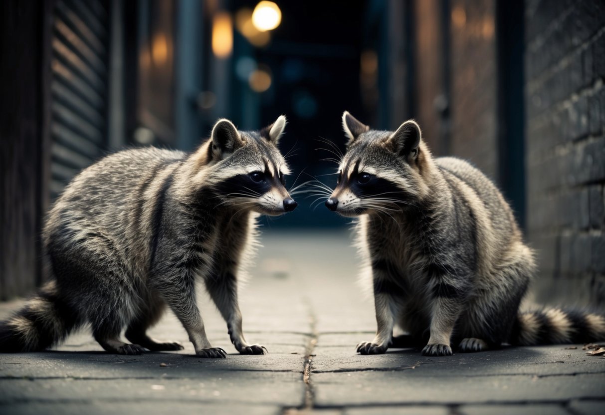 A raccoon and cat face off in a dimly lit alley, their eyes locked in a tense stare-down as they prepare to defend their territory