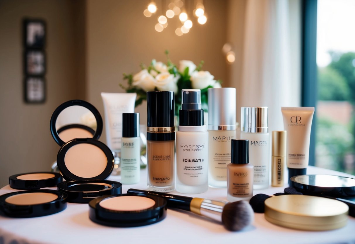 A bride's makeup table with various cosmetic products, including foundation, arranged neatly for her wedding day