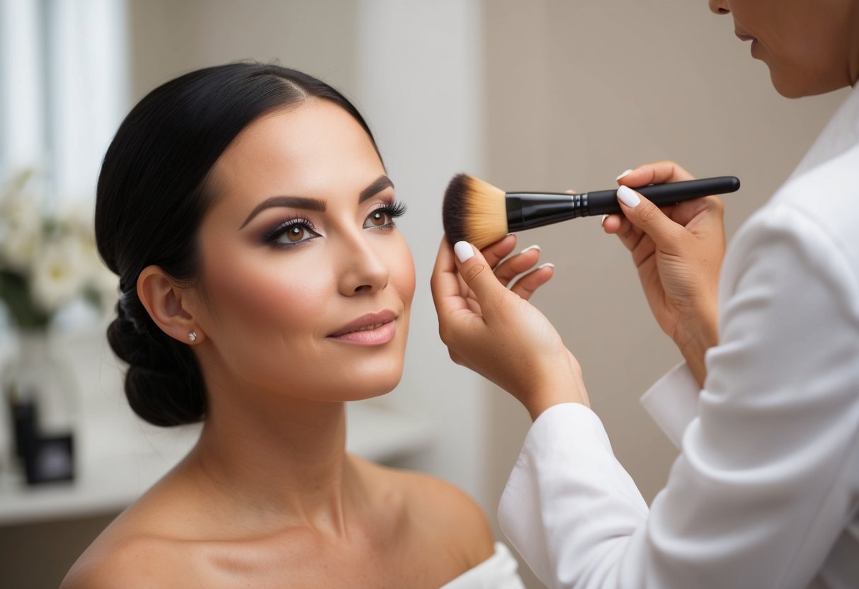 A makeup artist applying foundation to a clean, smooth canvas, using a brush to achieve an even, flawless finish for a wedding day look