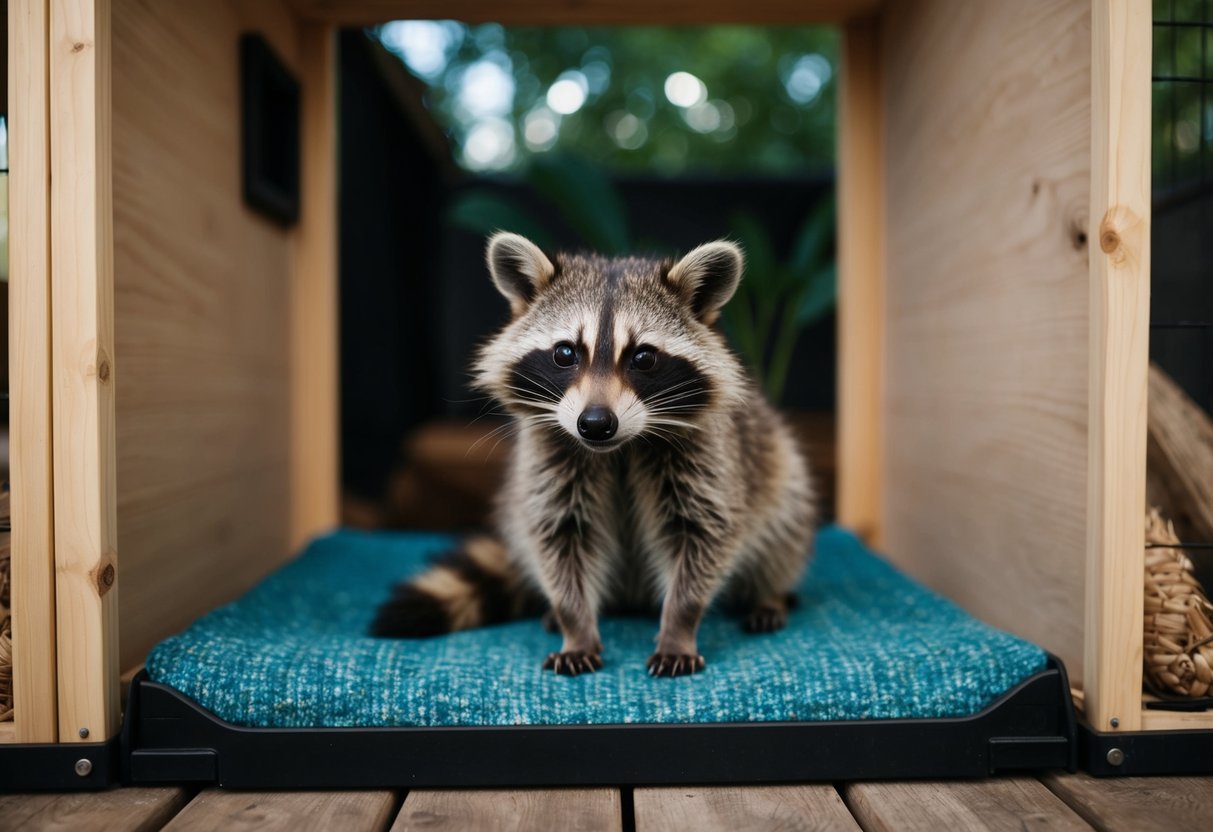 A raccoon sits in a cozy, secure enclosure with ample space, enrichment, and access to fresh water and food. The enclosure meets all legal requirements for owning a raccoon in the UK
