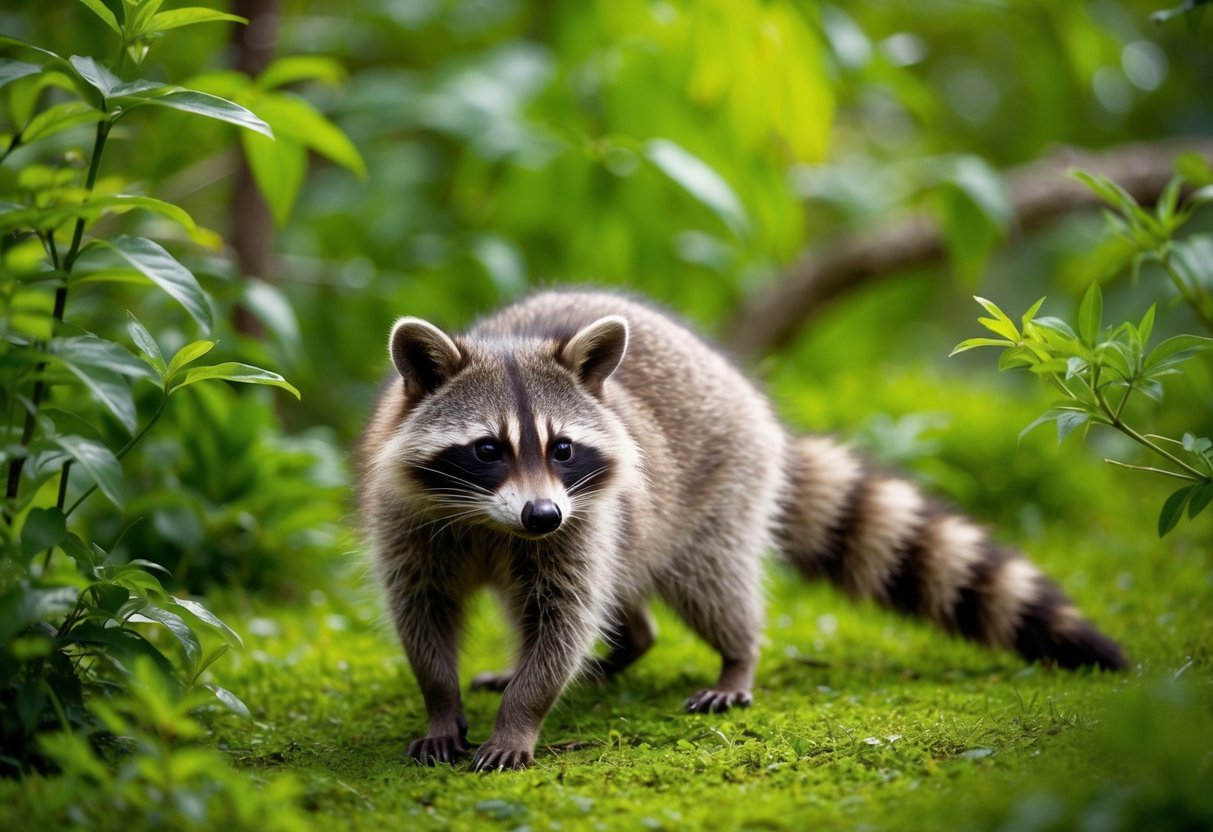 A raccoon peacefully exploring a lush, green forest, surrounded by native flora and fauna