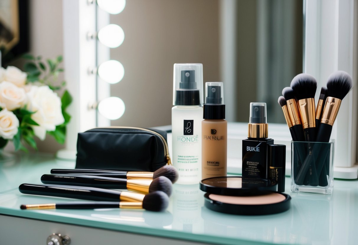A bride's makeup kit with foundation, setting spray, and brushes laid out on a clean, well-lit vanity