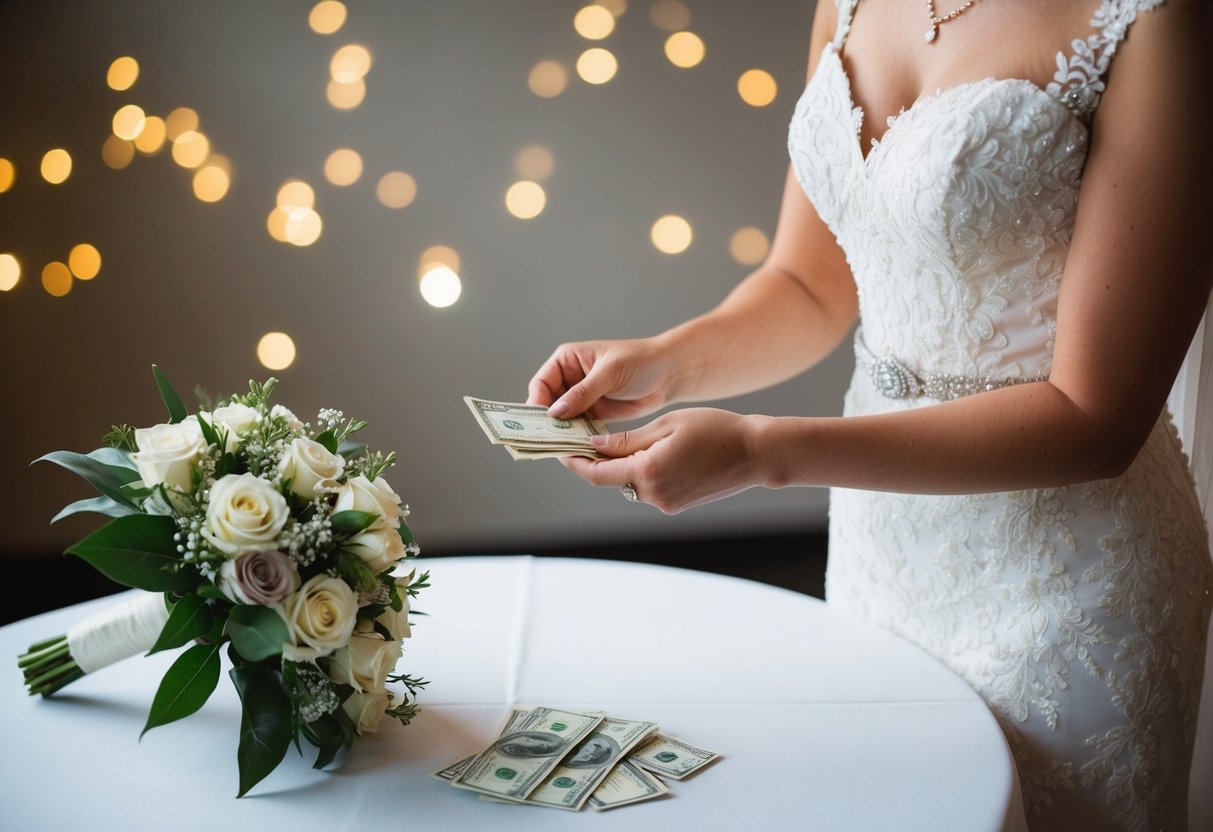 A bride placing cash in an envelope next to a bouquet on a table