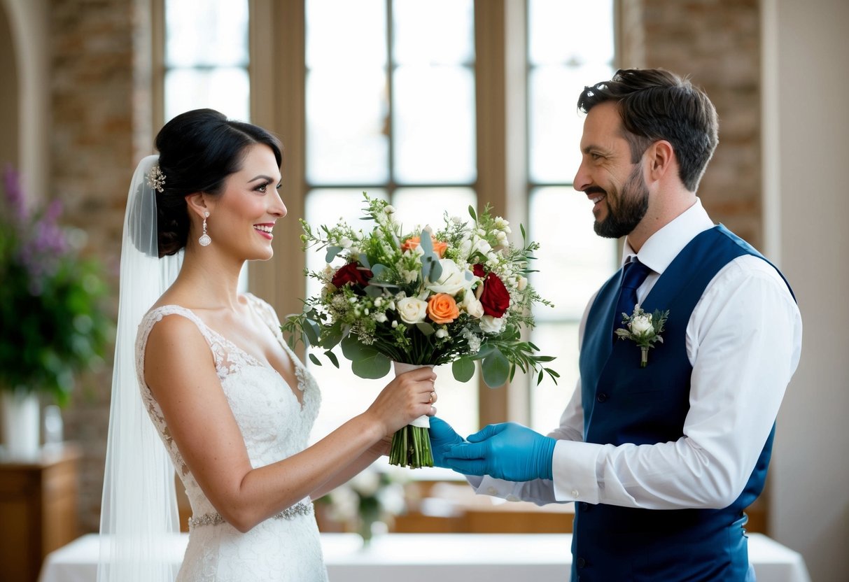 A bride hands a bouquet to a florist, who accepts it graciously