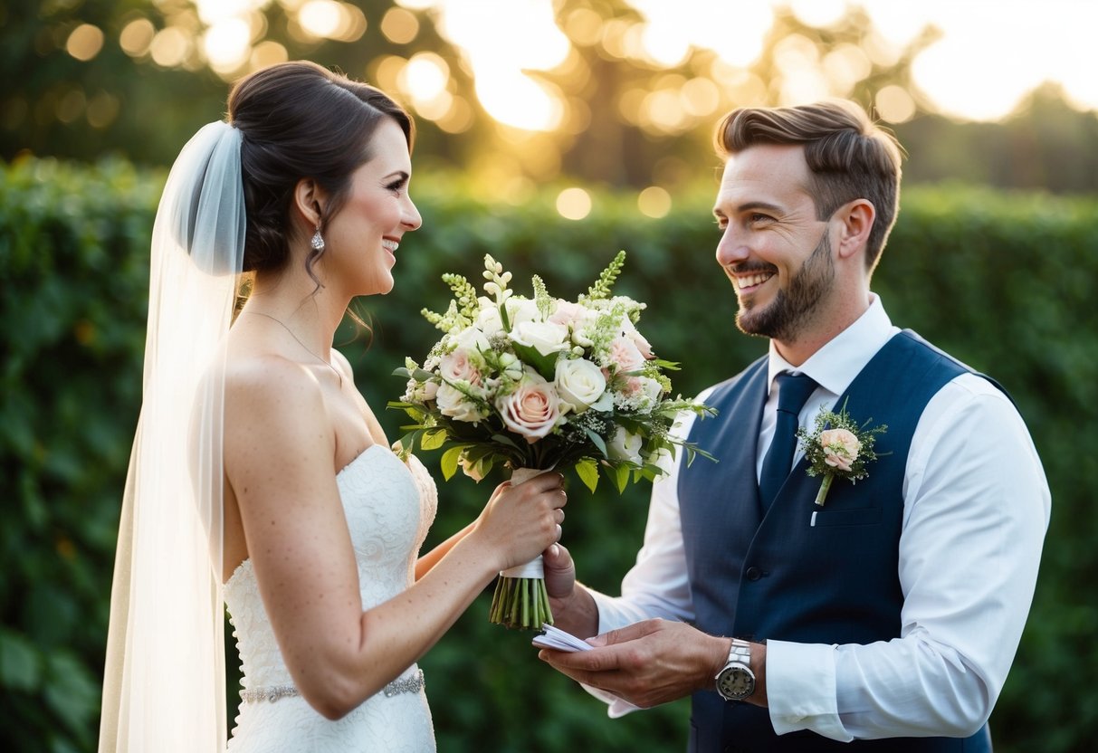 A bride hands a bouquet to a florist, who smiles and accepts it gratefully