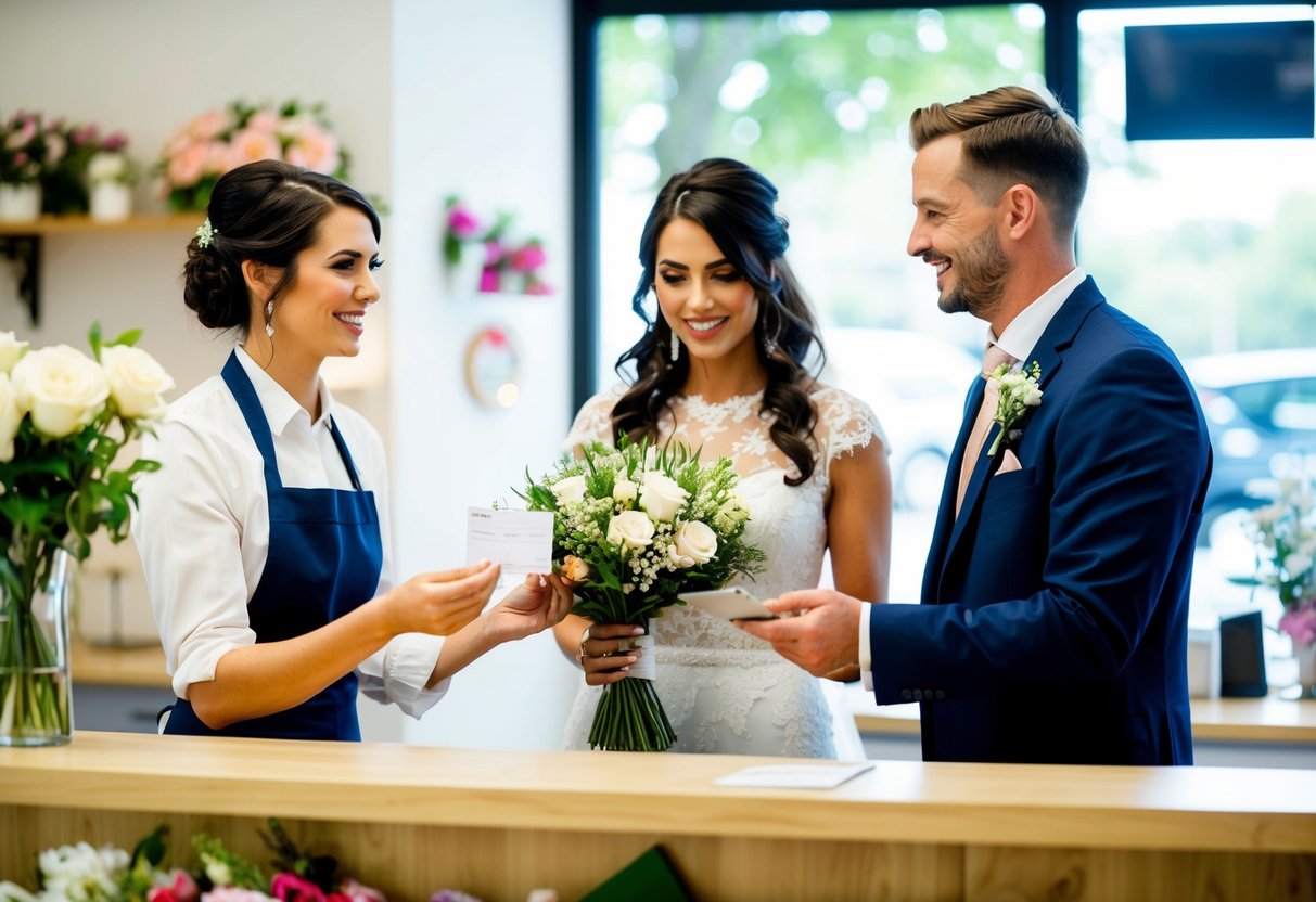 A bride and groom standing at a florist's shop counter, holding a bouquet and discussing payment. The florist is smiling and handing over a receipt