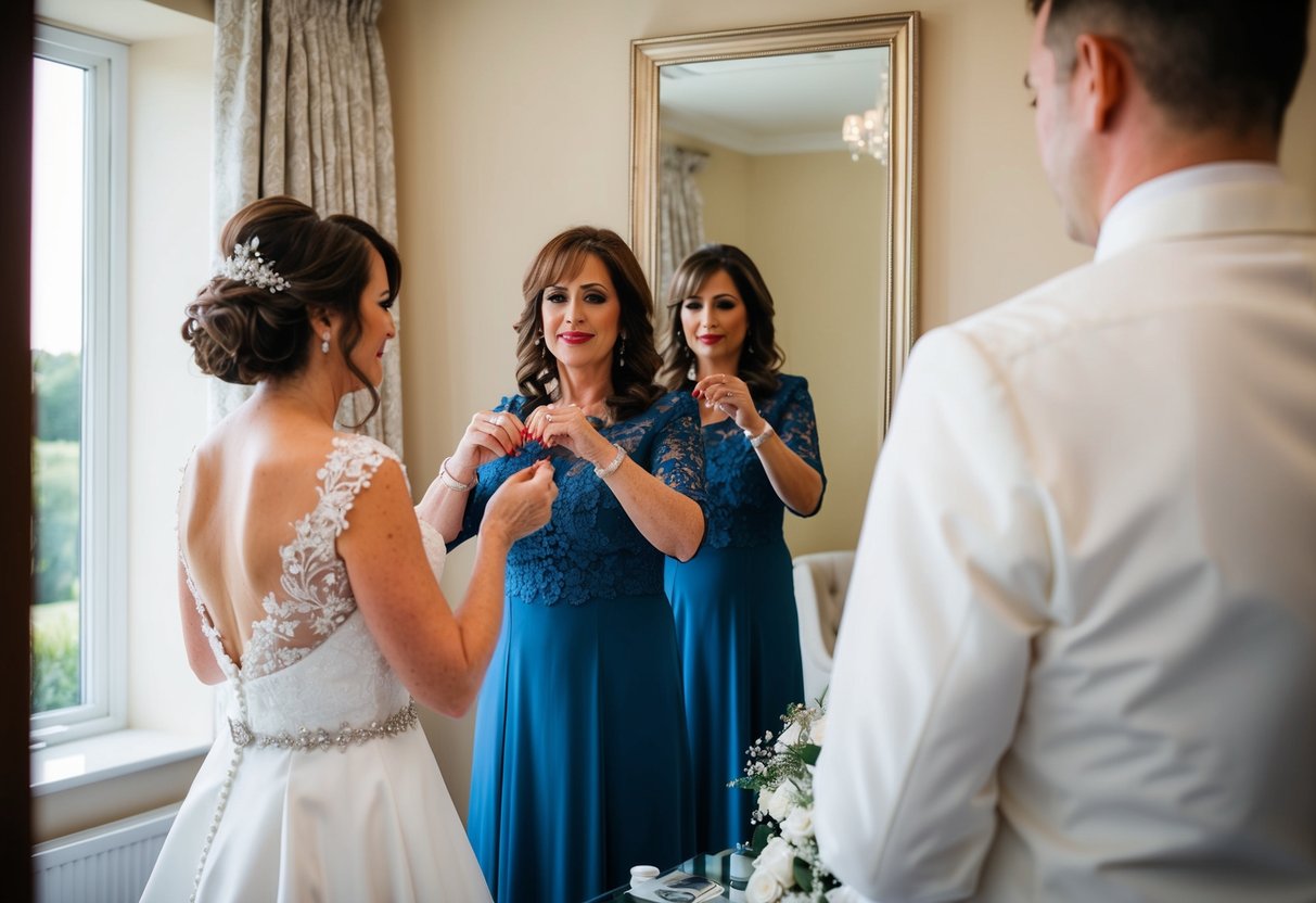 Mother of groom helps bride with final touches in front of a mirror