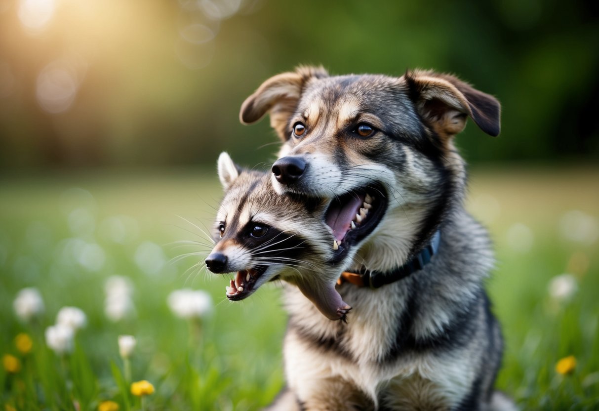 A dog with a raccoon in its mouth, showing signs of aggression and tension