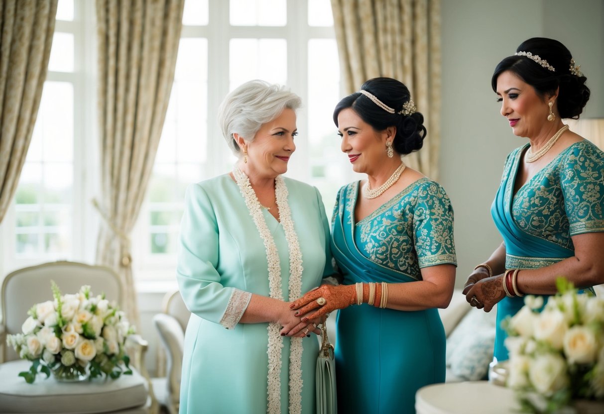 The mother of the groom and the bride getting ready together in a serene and elegant setting, surrounded by traditional wedding attire and accessories