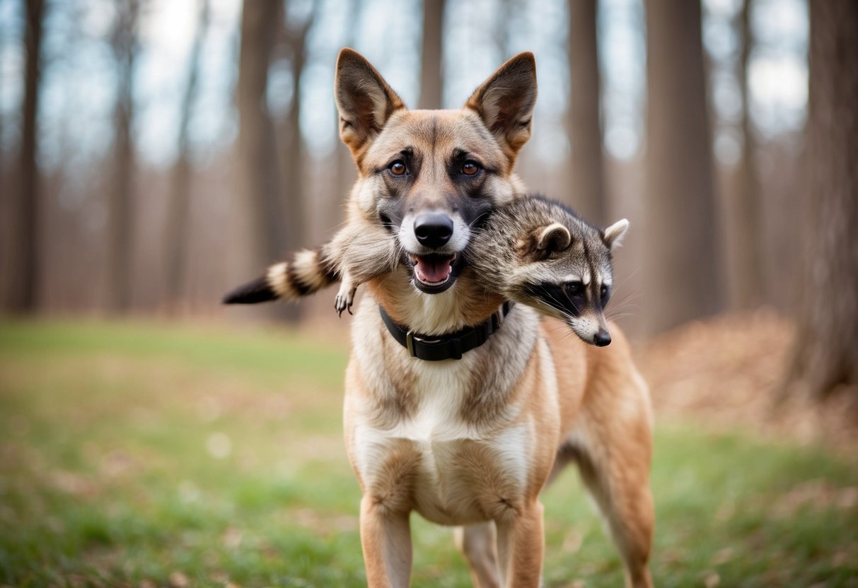 A dog with a raccoon in its mouth, standing near a wooded area