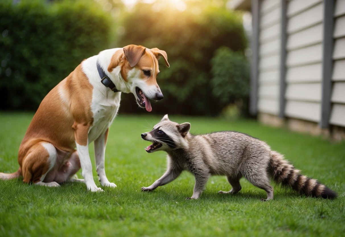 A worried dog owner watches as their pet bites a raccoon in the backyard
