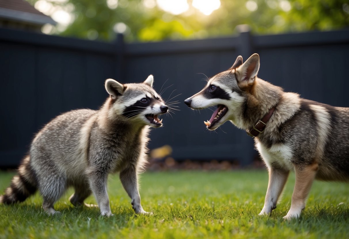A dog and a raccoon facing off in a backyard, with the dog baring its teeth and the raccoon standing defensively
