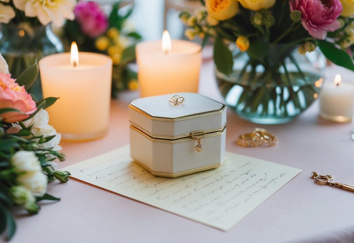 A table set with a delicate jewelry box and a handwritten note, surrounded by flowers and candles