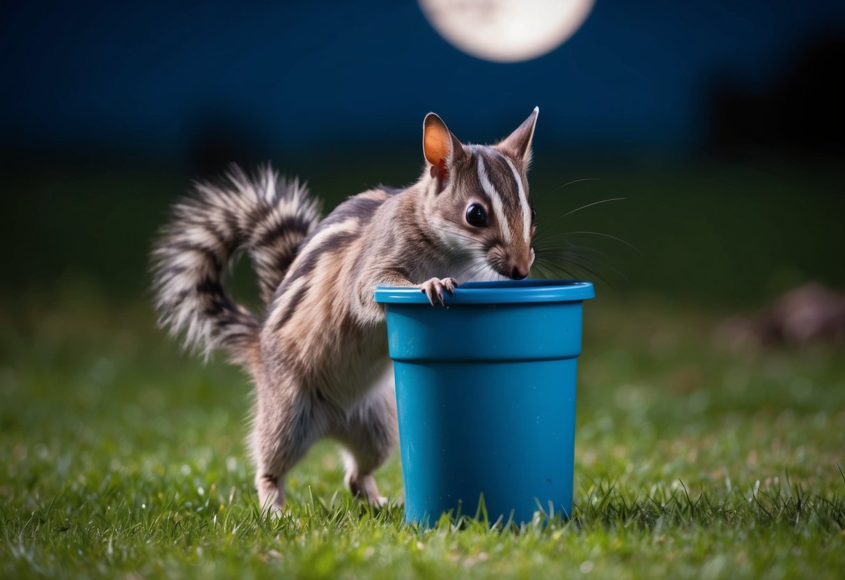 A small, bushy-tailed creature with a pointed snout and distinctive facial markings scavenges through a trash can in the moonlight