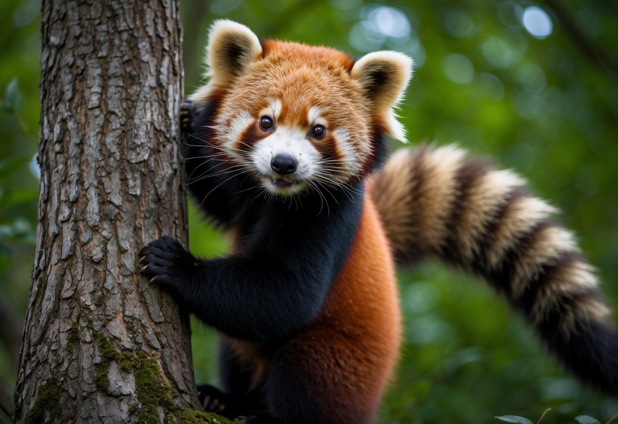 A red panda climbs a tree, its bushy tail hanging down as it peers curiously at the viewer