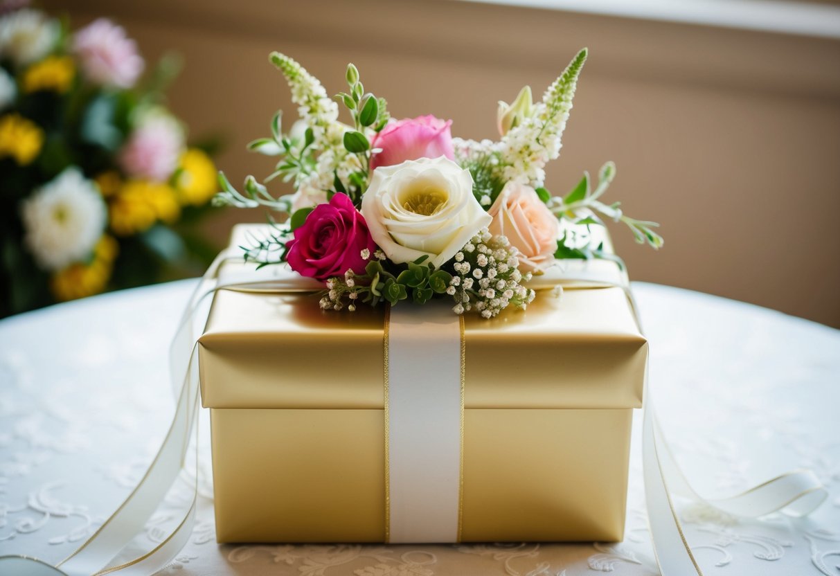 A beautifully wrapped gift box sits on a table, adorned with ribbons and flowers, symbolizing the financial and preparatory contributions from the parents of the bride