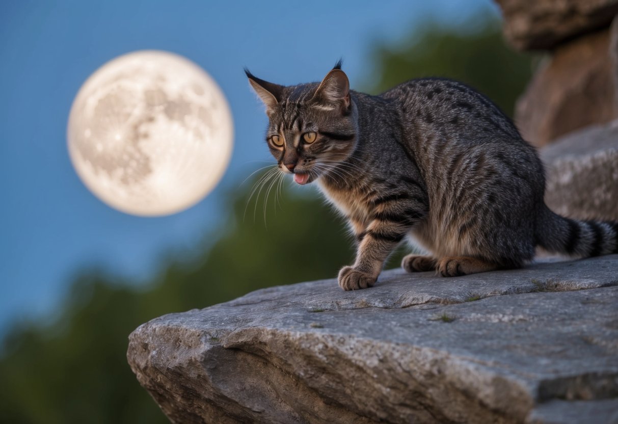 A ringtail cat perched on a rocky ledge, resembling a raccoon with its striped tail and masked face, foraging for food in the moonlight