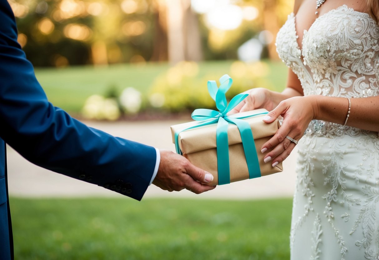A parent handing a wrapped gift to a bride