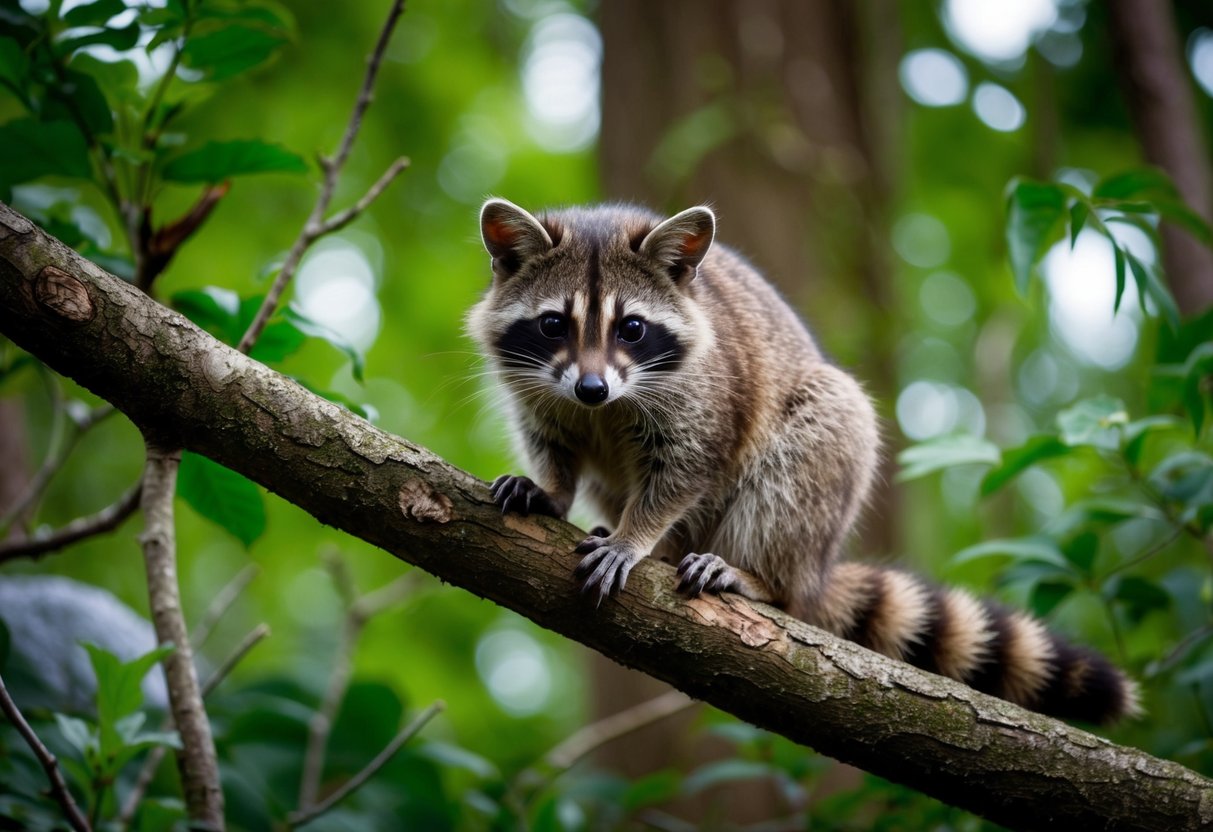 A ringtail, with similar markings as a raccoon, perches on a tree branch, surrounded by diverse wildlife in a lush forest setting