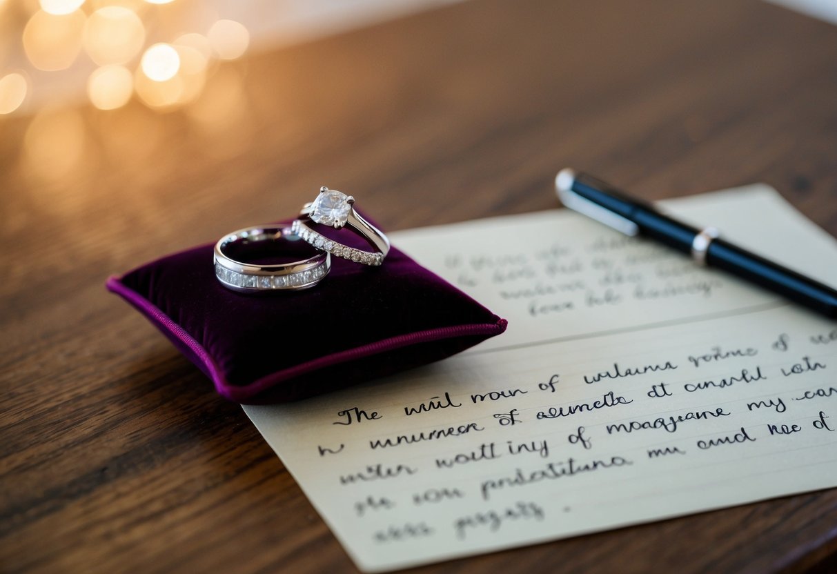 A pair of wedding rings sit on a velvet cushion, placed next to a set of handwritten vows on a wooden table