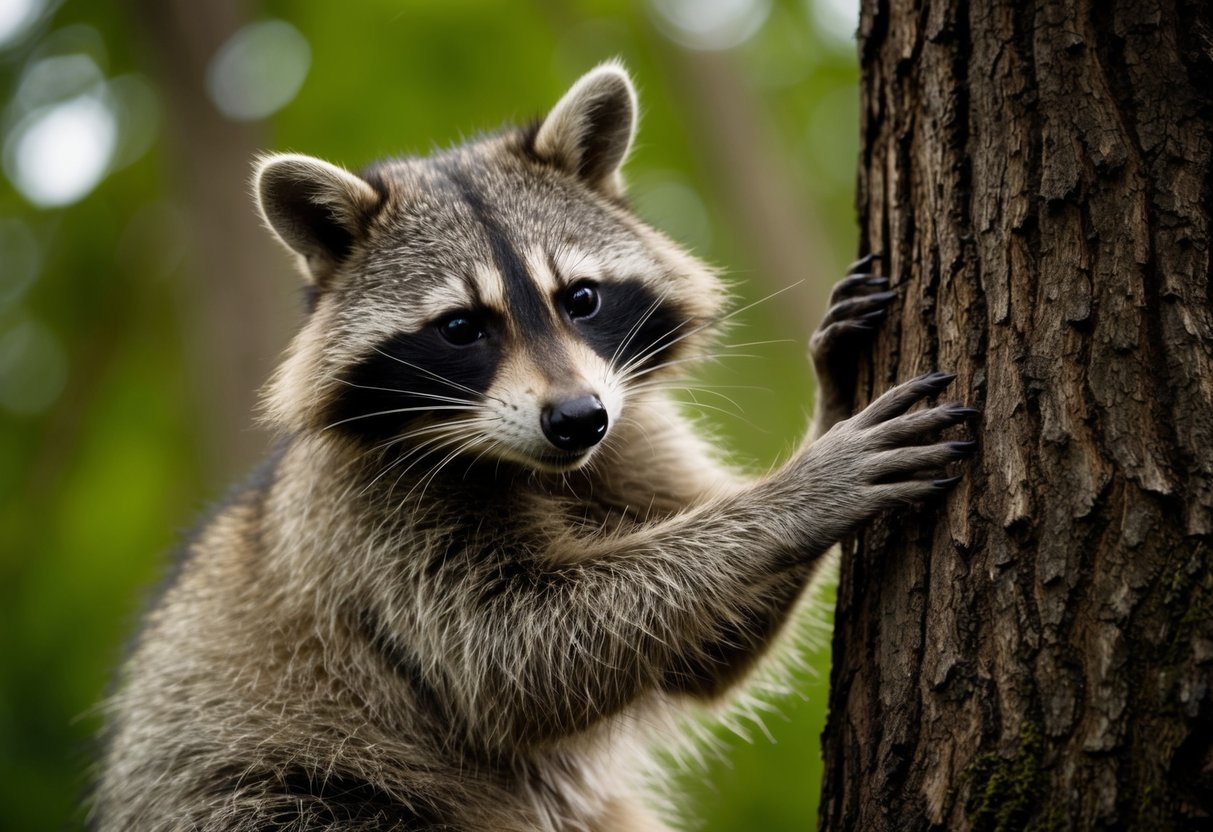 A raccoon scratches a tree, its fur matted and eyes glazed