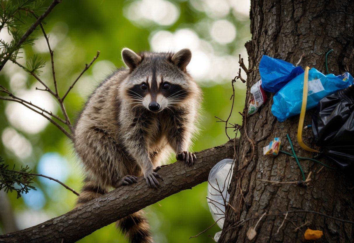 A raccoon perched on a tree branch, surrounded by garbage and discarded food