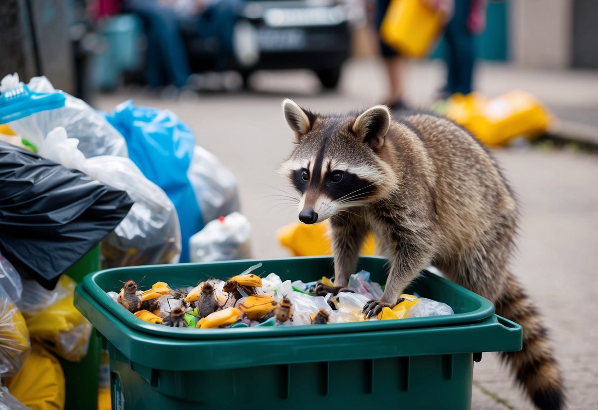 A raccoon stands near a garbage bin, surrounded by flies and bacteria-infested waste