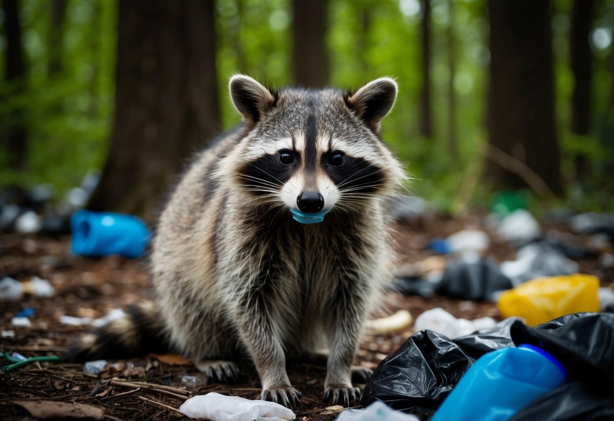 A raccoon in a forest, surrounded by trash and wearing a mask