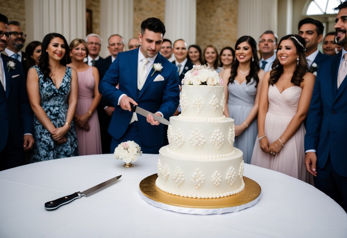 A decorative cake is placed on a table, with a knife beside it. A crowd of guests watches eagerly as the bride and groom prepare to cut the cake
