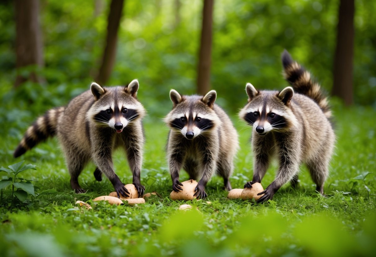 A group of raccoons playfully forage for food in a lush, green forest, their tails wagging and their masked faces expressing contentment