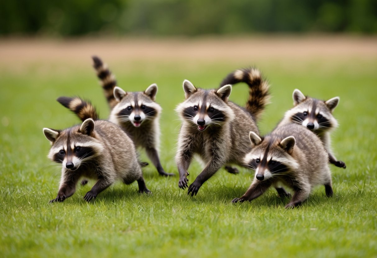A group of raccoons playfully roll and chase each other in a grassy clearing, their tails twitching with excitement