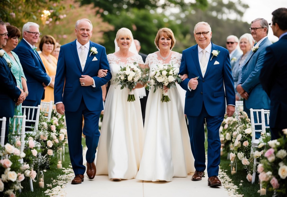 The groom's parents walk down the flower-lined aisle at the wedding