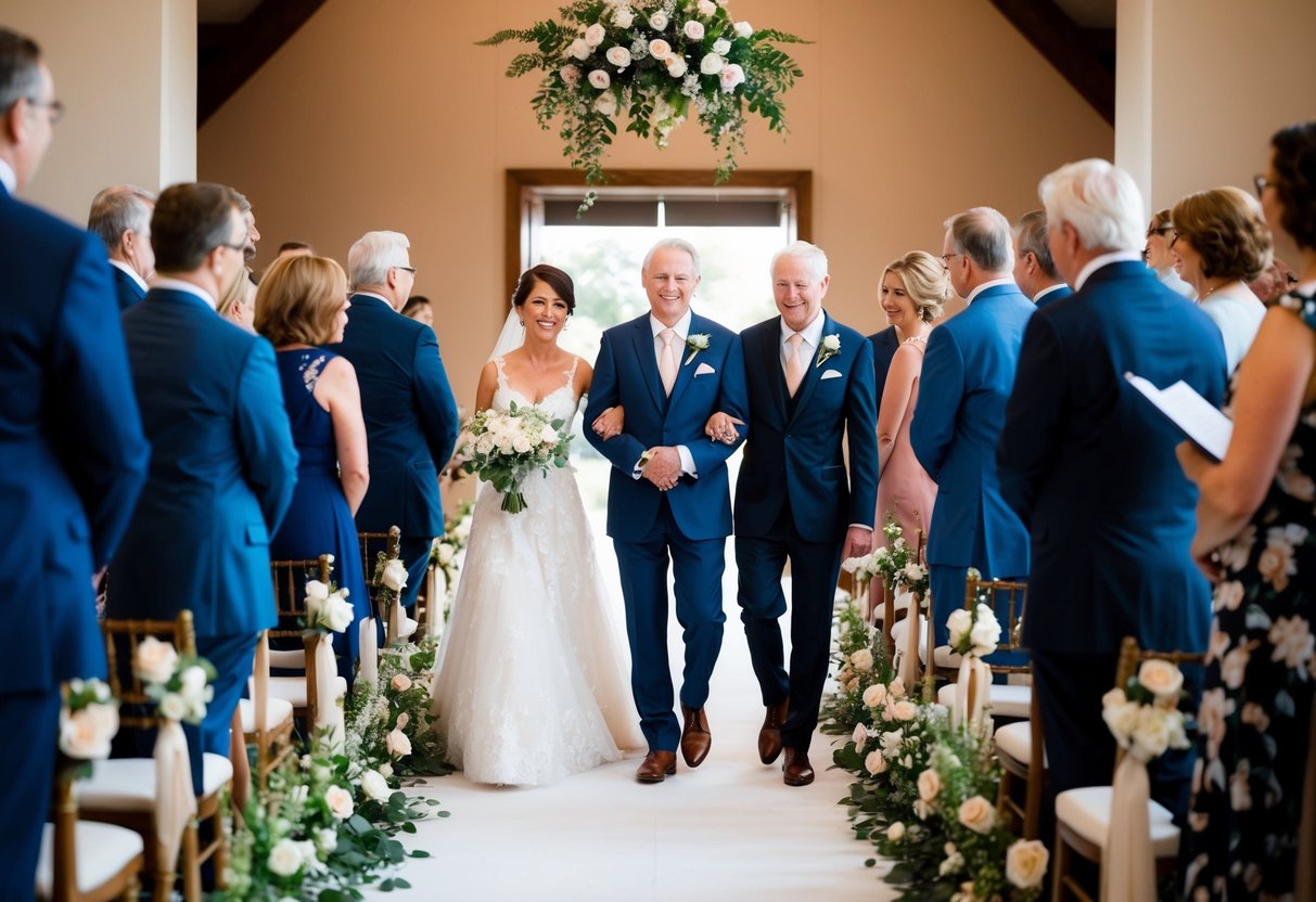 The groom's parents walk down the aisle, accompanied by soft music and floral decorations