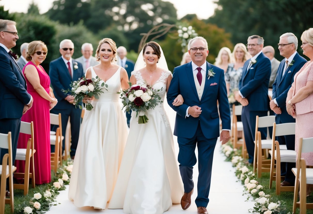 The groom's parents walk down the aisle before the bride's family