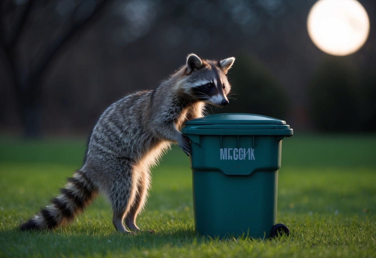 A raccoon stands on hind legs, inspecting a garbage can in the moonlight