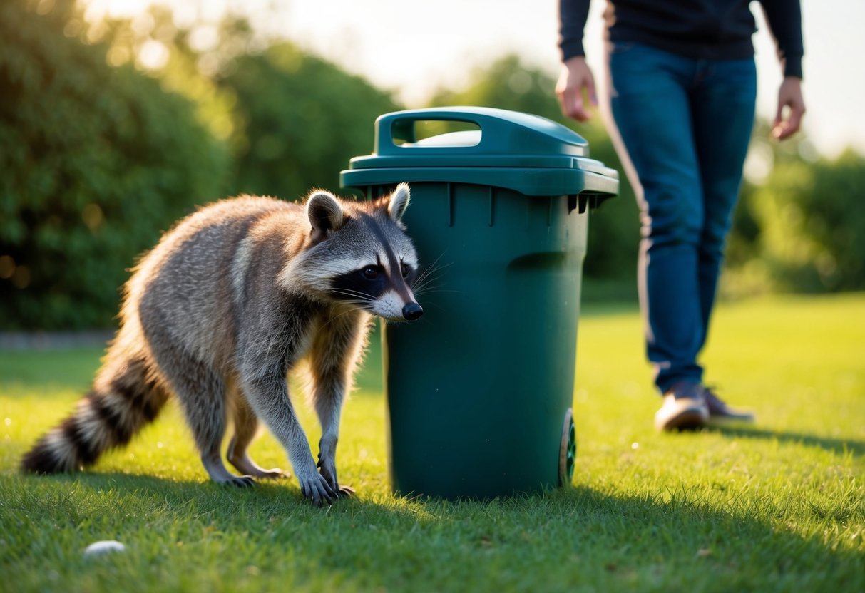 A raccoon cautiously approaches a trash can, while a person watches from a safe distance, ready to intervene if necessary