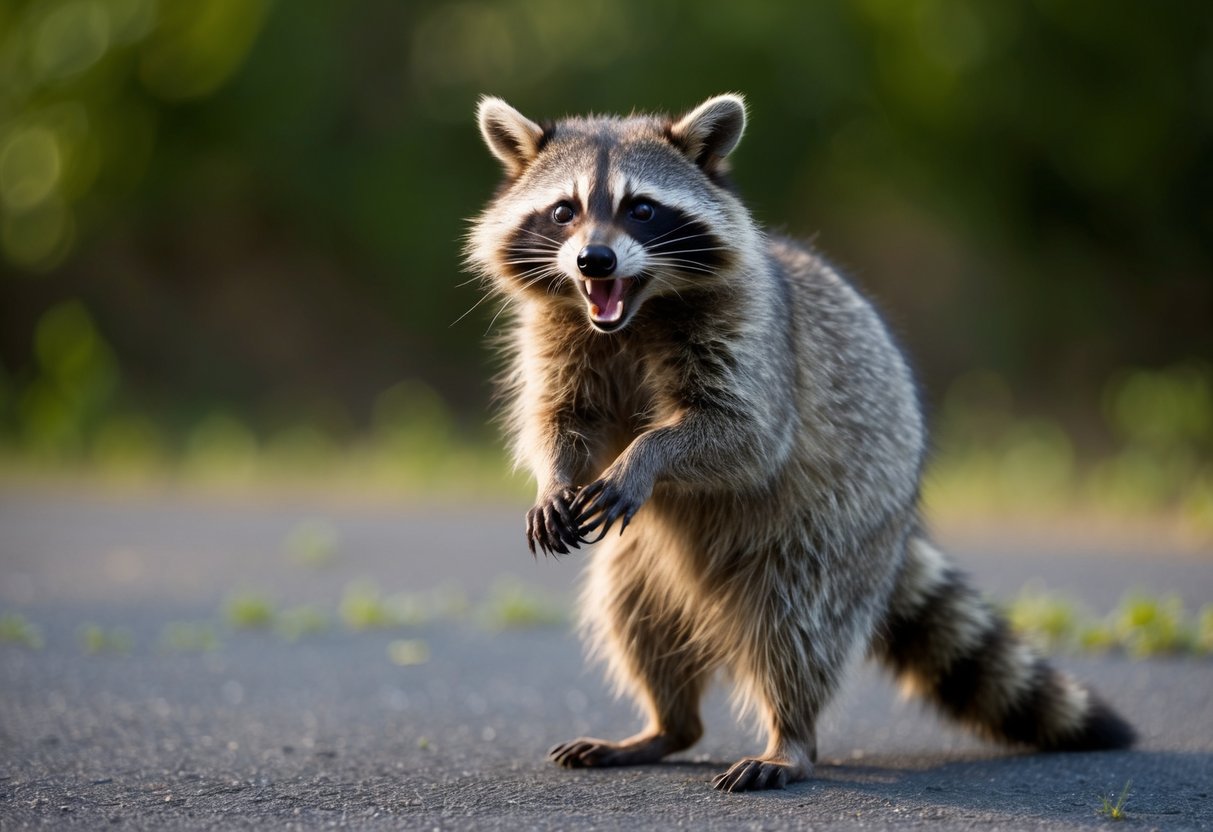A raccoon stands on its hind legs, baring its teeth and hissing, its fur bristling. Its eyes are fixed on something unseen, ready to attack