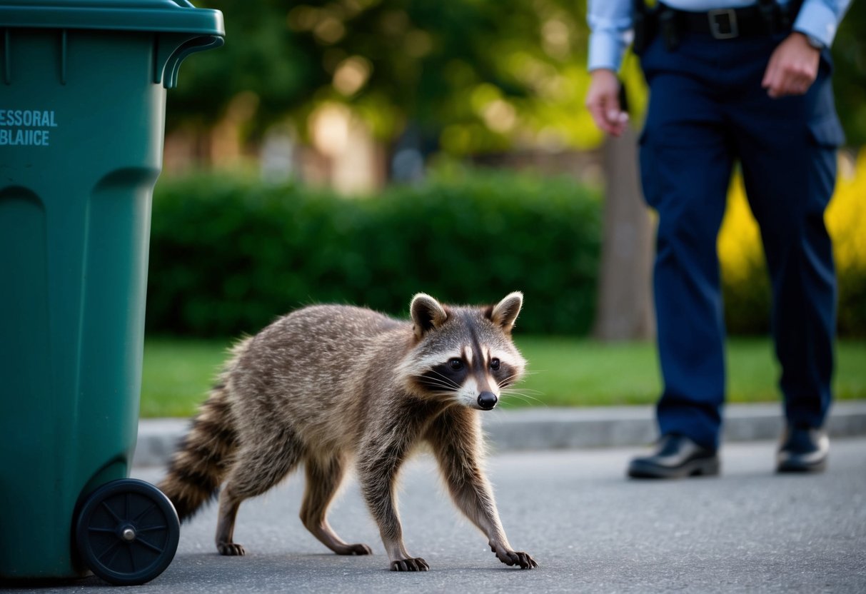 A raccoon cautiously approaches a garbage can, while a person calls for professional assistance in the background