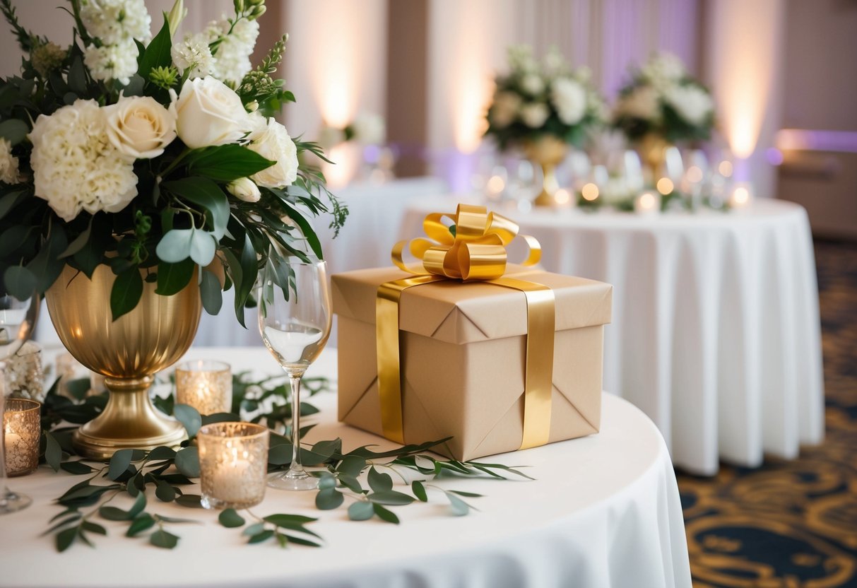 A beautifully wrapped gift box sits on a table at a wedding reception, surrounded by elegant decorations and floral arrangements