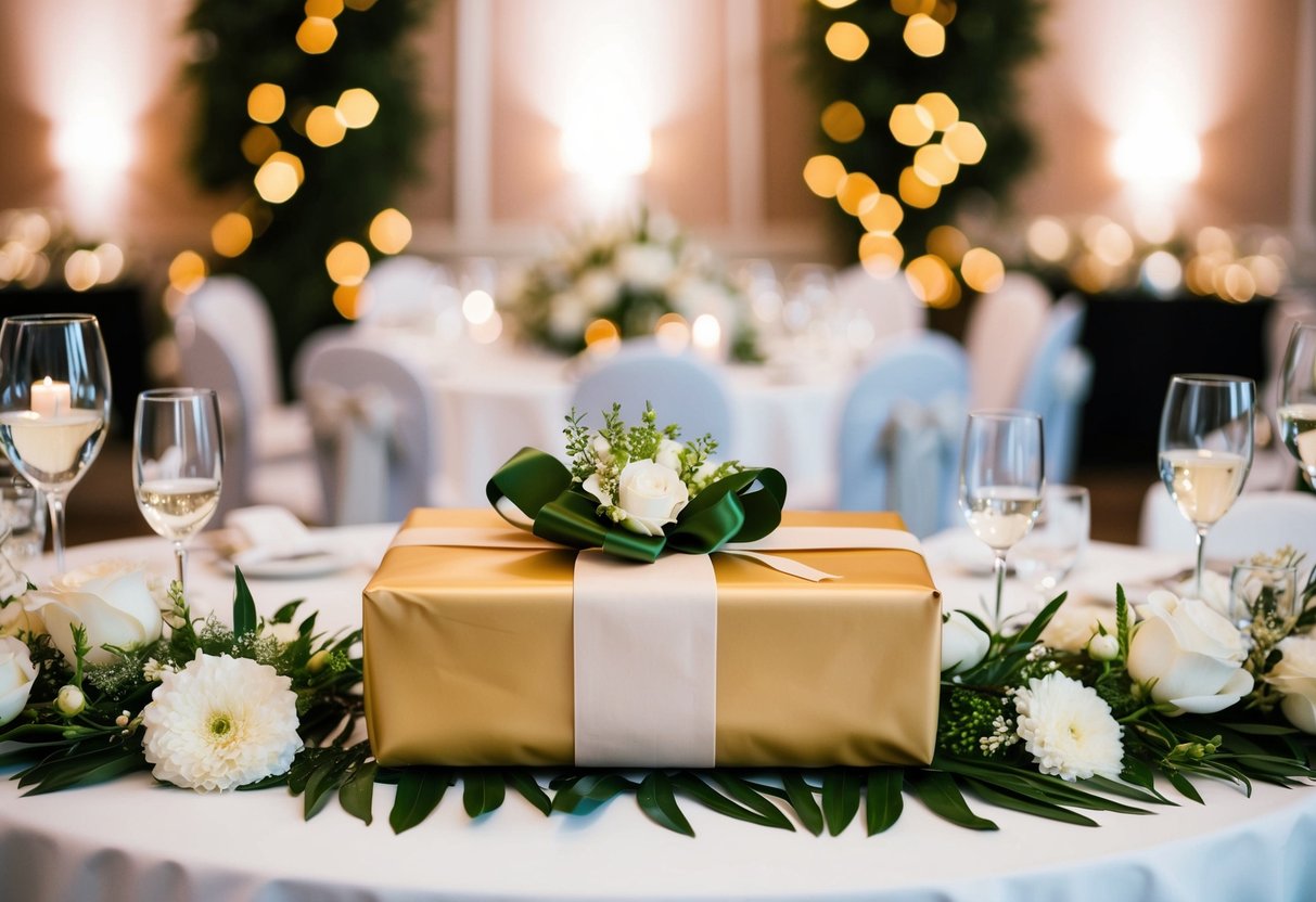 A beautifully wrapped gift is placed on a table at the wedding reception, surrounded by elegant decorations and flowers