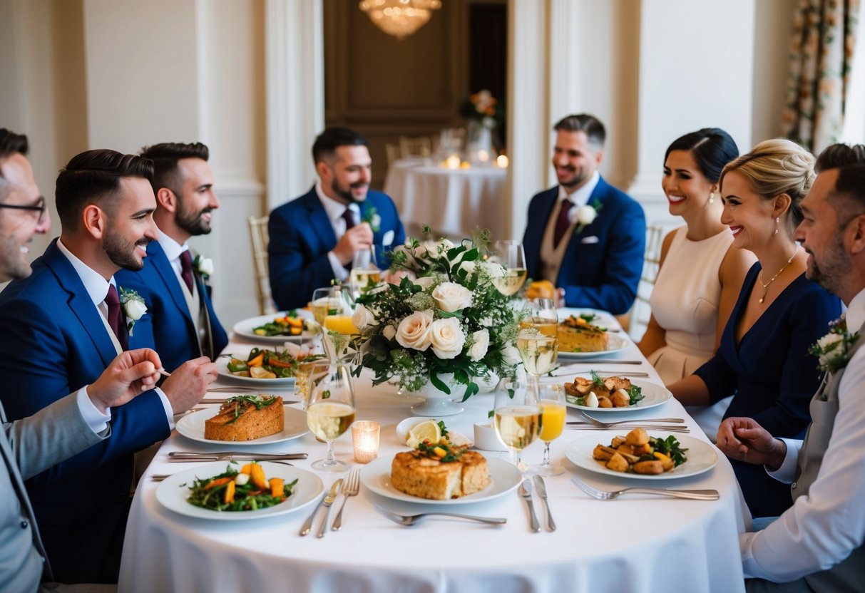 A table set with elegant place settings, adorned with a delicious spread of food and drink. Wedding photographers are seen enjoying a meal together