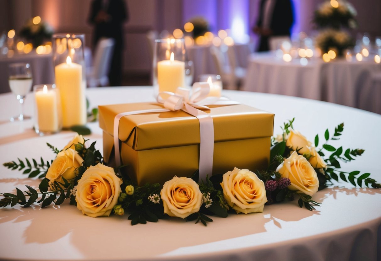 A beautifully wrapped gift sits on a table at a wedding reception, surrounded by flowers and candles