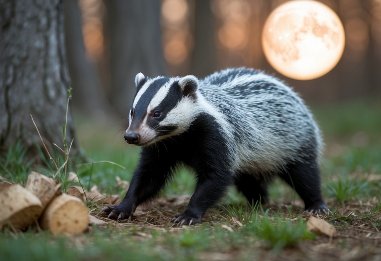 A badger foraging in a moonlit forest clearing