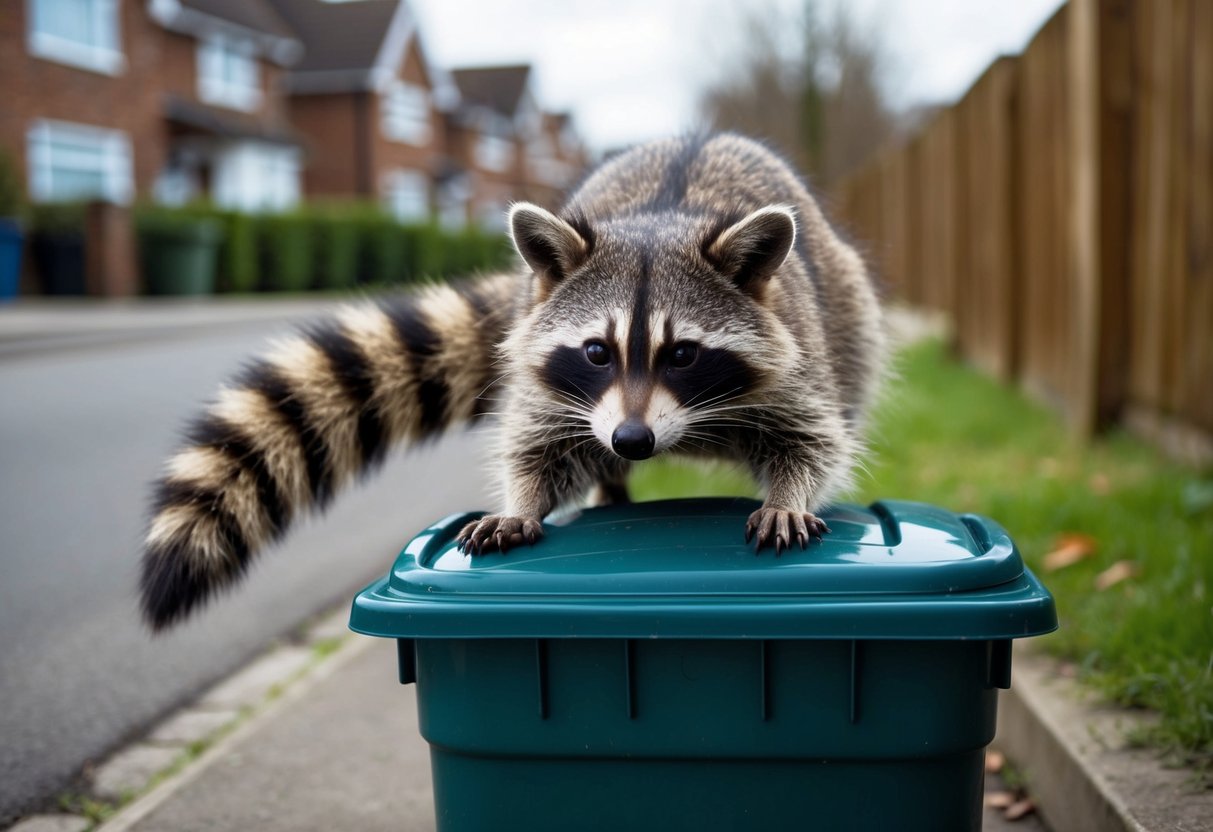 A raccoon-like animal with a bushy striped tail, dark facial mask, and nimble paws scavenges through a trash bin in a suburban UK neighborhood