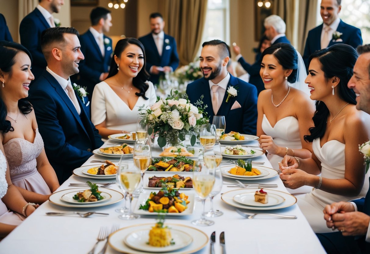 A table set with elegant place settings and a variety of delicious dishes, surrounded by wedding vendors engaged in friendly conversation and laughter