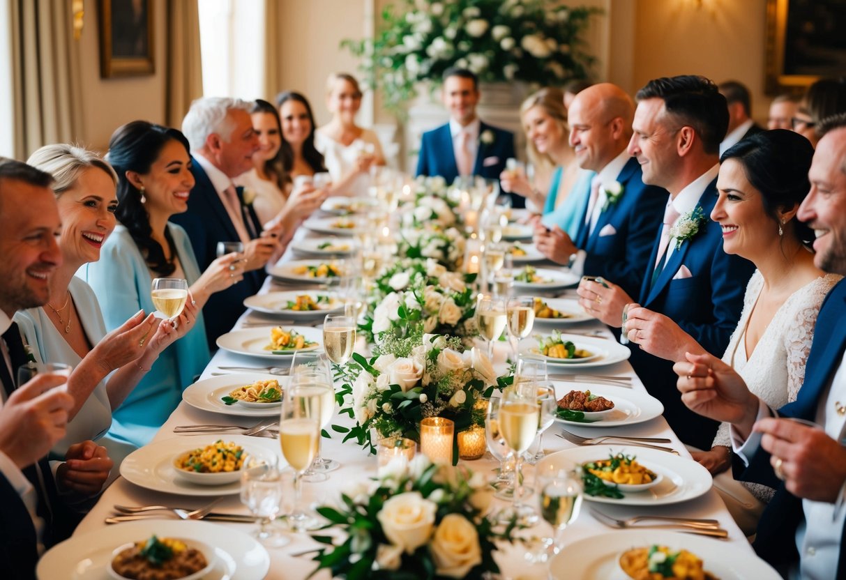 A beautifully set table with elegant place settings and a variety of delicious dishes, surrounded by happy wedding guests enjoying their meals