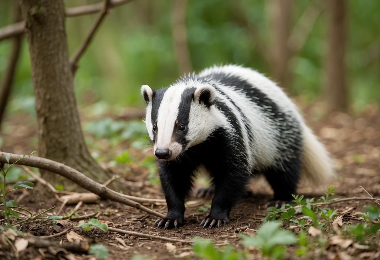 A badger foraging in a woodland clearing, with its distinctive black and white striped face and bushy tail